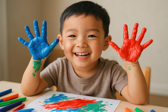 Smiling child showing colorful painted hands while sitting at table, enjoying creative art activity with markers and paper