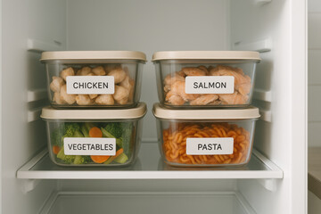 Organized meal prep with labeled containers of chicken, salmon, vegetables, and pasta