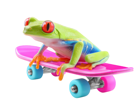 Colorful frog sitting on vibrant skateboard, exuding playful and adventurous spirit. frog bright colors and confident posture suggest it ready to roll and have fun