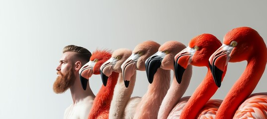 Conceptual Image of a Man's Bearded Profile Aligned with a Series of Flamingos in Varying Shades of Pink, Symbolizing Evolution, Transformation, and the Journey of Identity.

