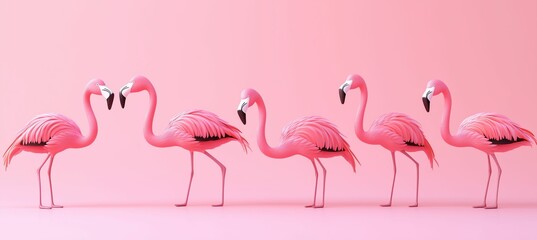 Fototapeta premium A Row of Five Graceful Pink Flamingos Standing on a Solid Pink Background, with Two Birds Forming a Heart Shape, Symbolizing Love, Unity, and Elegant Simplicity in Design.