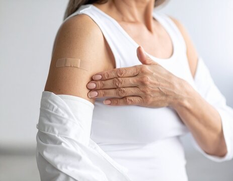 Woman showing band aid after vaccination shot