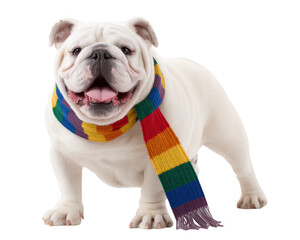 Cheerful bulldog wearing colorful rainbow scarf stands proudly against transparency background, exuding playful and friendly demeanor. This adorable dog showcases its unique personality and charm