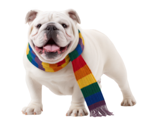 Cheerful bulldog wearing colorful rainbow scarf stands proudly against transparency background, exuding playful and friendly demeanor. This adorable dog showcases its unique personality and charm