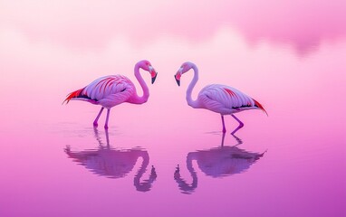 Obraz premium Two Elegant Pink Flamingos Standing in Shimmering Pink Water with Sparkle Effects and Reflections, Evoking a Magical, Dreamlike Scene of Love, Romance, and Tranquil Nature.