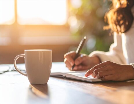 Woman writing in notebook cozy morning sunlight - Powered by Adobe