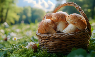 wicker basket filled with freshly picked mushrooms on green grass in a sunny forest meadow 
