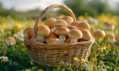wicker basket filled with freshly picked mushrooms on green grass in a sunny forest meadow
2