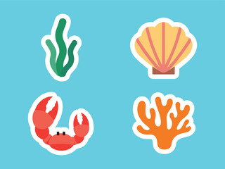 Fototapeta premium Flat Design Sea Creature and Plant Collection with Sticker Outline