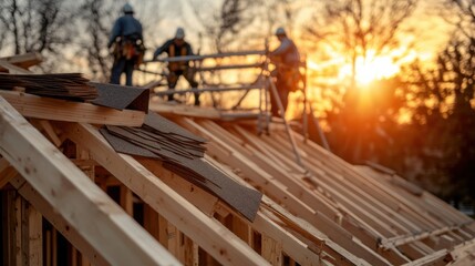 Roofers at Sunset: Three construction workers skillfully install roofing materials on a new house under the warm glow of a setting sun, showcasing teamwork and dedication in the construction industry.