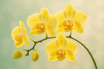 Obraz premium Dew-Kissed Yellow Orchid Blooms in Morning Backlight