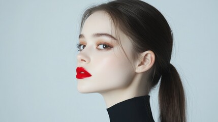 Sensual Allure: A captivating profile of a woman, her radiant skin and a vivid red lip paint a portrait of elegance and subtle sophistication.
