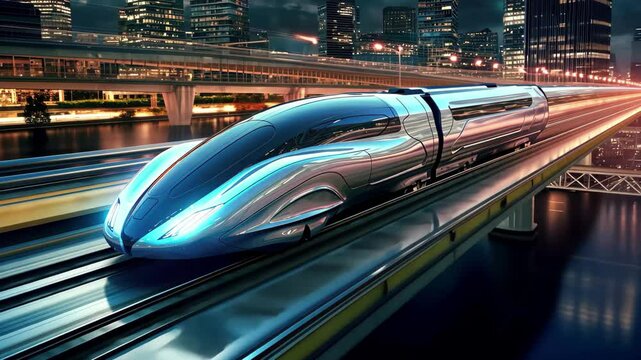 An ultrafast bullet train glides through a futuristic cityscape at night, showcasing advanced technology and sleek design against a backdrop of illuminated skyscrapers