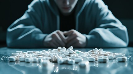 The Burden of Choice: A pensive individual sits before a pile of pills, a stark representation of difficult decisions, battling internal conflicts.