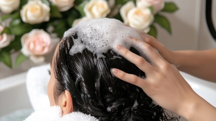 Serene Scalp Treatment: Capturing a moment of tranquil relaxation as a skilled pair of hands gently washes and massages the scalp, bringing about a feeling of rejuvenation, enhancing the experience.