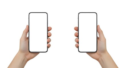 Two Hands Holding Smartphones with Blank White Screens - Mobile Phone Mockup on White Background