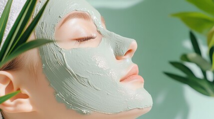 Serene Spa Day: A woman with a facial mask enjoys a moment of serenity as she indulges in self-care. Green plants bring calmness. The soft light bathes her face in a gentle glow. 