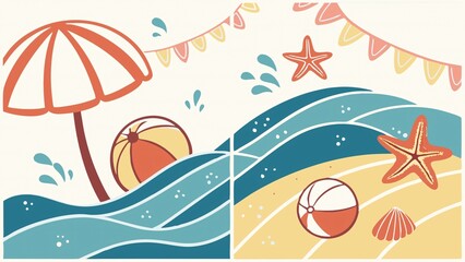 Textured illustrations and frames set for summer and the sea Decorations, ornaments, ribbons, summer vacation, watercolor style, waves