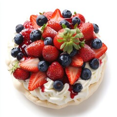 Obraz premium A different delicious spring dessert, a colorful berry pavlova with a crisp meringue base