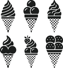 Set of Ice Cream Cone Silhouette Vectors with Swirls and Scoops