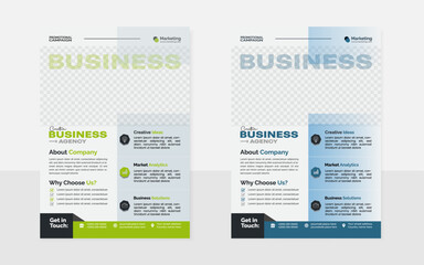 A4-size business flyer design template layout with rectangular blue and orange shape
