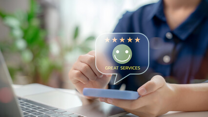 A customer giving a 5-star review on a smartphone. Concept of great service, customer satisfaction, feedback system, business rating, and online user experience on a digital platform.