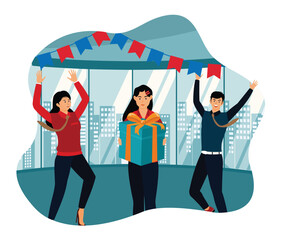 Birthday office party concept. Birthday Celebration with Gifts and Party Decorations in Office.