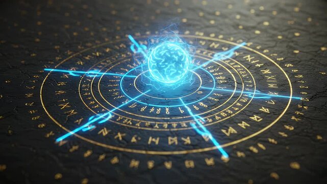 Mystical energy sphere on ancient rune circle