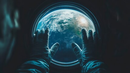 Astronaut's view of Earth from space, hands touching portal.
