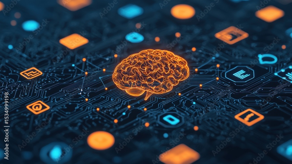 Poster digital brain concept with circuitry and icon elements representing artificial intelligence and tech