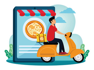 Food delivery service concept. Food Delivery Driver on Scooter with App Interface.