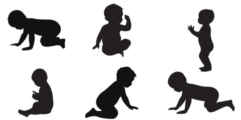 Baby Silhouette Collection . Capturing Baby's First Moments . Sitting, crawling and standing. Vector illustration .  