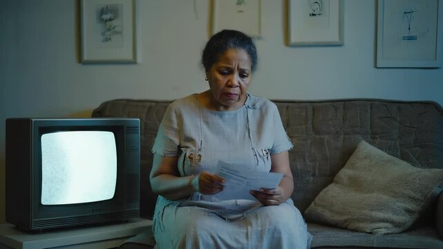 An elderly woman in a patched dress sits on a couch, holding a heating bill. Her face reflects deep concern in a sparse living room with a flickering old television