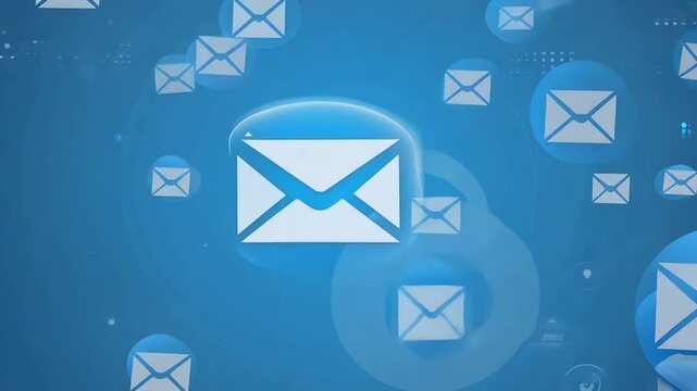 A digital interface simulation displays blue white circular envelopes scattered laptop screen clean visuals smooth layout convey messaging email tech communication useful UI/UX demos marketing clips