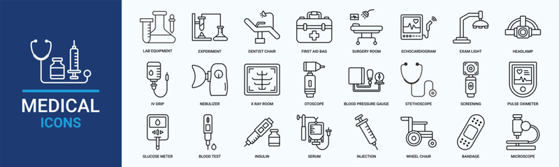 Medical icon set. Containing Lab Equipment, Flask, Experiment, Dentist Chair, First Aid Bag, Nebulizer and more. Outline vector icons collection.