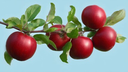 Obraz premium Bunch of red apples hanging from a tree. The apples are ripe and ready to be picked