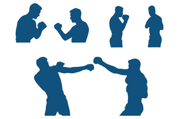 silhouettes of boxing player is isolated on a white background . set of silhouette of boxer in dynamic pose . 