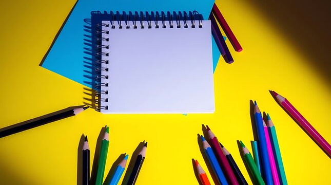 A blank spiral notebook awaits creative expression, surrounded by colorful pencils scattered on a vibrant yellow surface - Powered by Adobe