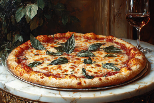 Pizza with wine glass on table. - Powered by Adobe