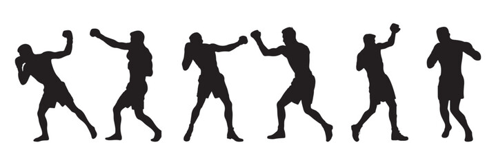 Set of vector illustrations of men's boxing silhouettes . Boxing kickboxing sport silhouette . EPS 10