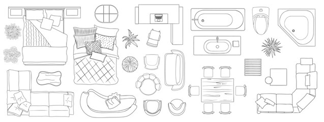Furniture outline Top view. Set of line art elements for interior design house, apartment above view plan. Overhead contoured bed, sofa, chair, plant, table. Vector isolated, transparent background.