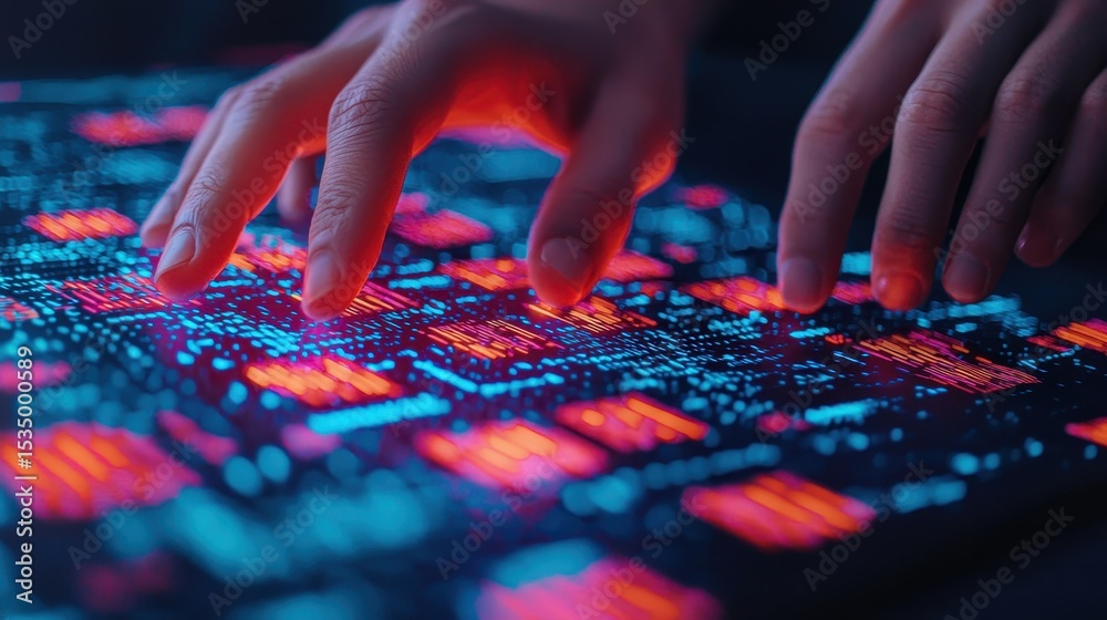Poster futuristic hands interacting with digital data interface displaying vibrant patterns and glowing ele