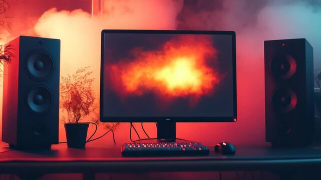 Gaming setup under vibrant red and blue lighting. A computer monitor displays a dramatic fiery image, flanked by black speakers and illuminated by warm and cool tones