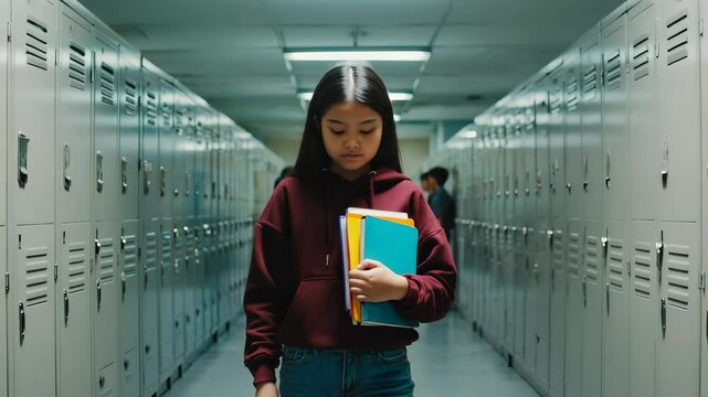 Young South Asian girl in a hoodie and jeans walks down a high school corridor with her head down, holding books tightly as students whisper and point behind her during break