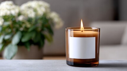 Candle is lit in a glass jar with a white label. The candle is surrounded by a potted plant, which adds a touch of greenery to the scene. The candle and plant create a warm and inviting atmosphere