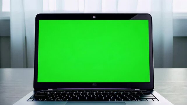A laptop opens to reveal blank green screen ready personalized banners text graphics clean white desk modern design video provide professional setting perfect product demos corporate explainers using