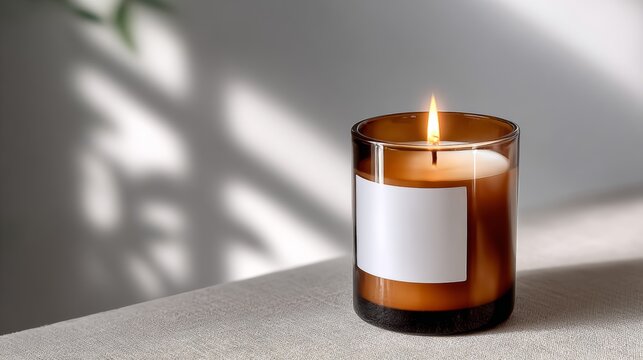 Candle is lit in a glass container, creating a warm and inviting atmosphere. The candle is positioned on a table, and its light casts a soft glow on the surrounding area - Powered by Adobe
