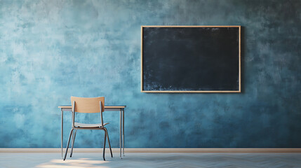 Minimalist Classroom with Blue Wall, Desk, Chair, and Blackboard