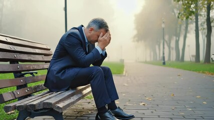 A man in his 40s sits on a bench in an empty park, overwhelmed by emotions. He is hunched over with his hands on his face, while distant traffic adds to the foggy atmosphere - Powered by Adobe