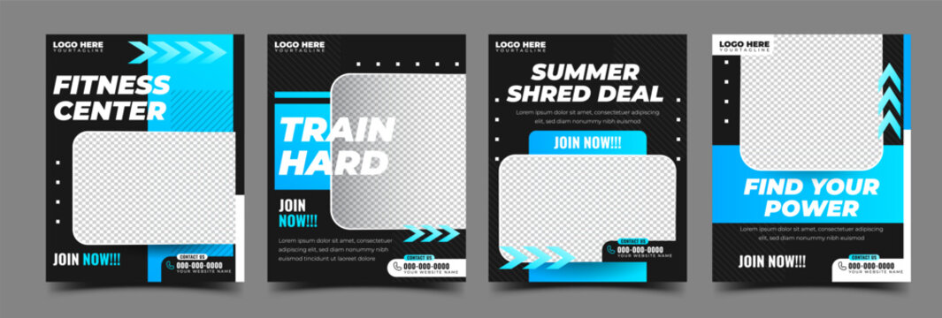 Sports, gym, and fitness social media template design. Set of modern masculine banner with blue and black color scheme. Usable for social media post, story, flier, banner, brochure.